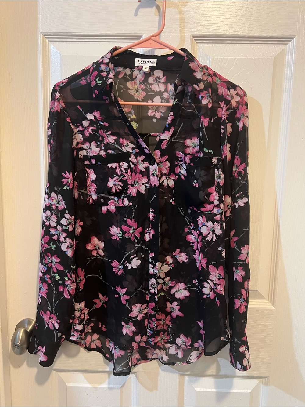 Express Black Sheer Floral Button-Up Blouse with Pink Blossoms